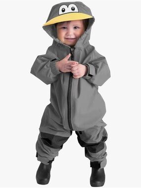 Cuddle Club Toddler Gray Rain Jacket Coverall with Yellow Duck Face Hood